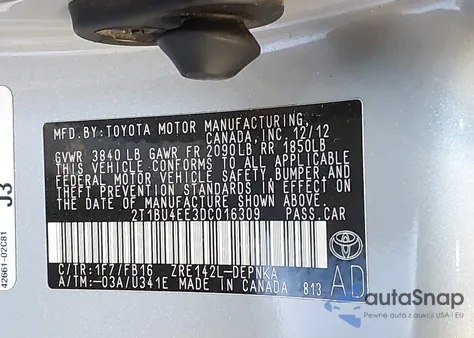 2013 Toyota Corolla Le from USA, damaged, VIN 2T1BU4EE3DC016309